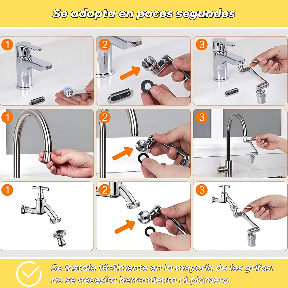 Aquaflex - Extensión de Grifo 1440° Giratoria - Ahorrador de Agua Integrado